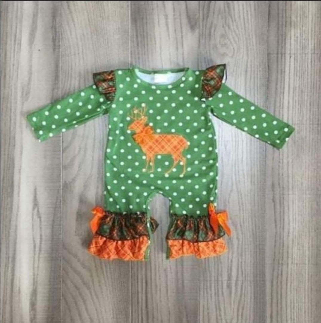 Green Polka Dot Reindeer Christmas Romper