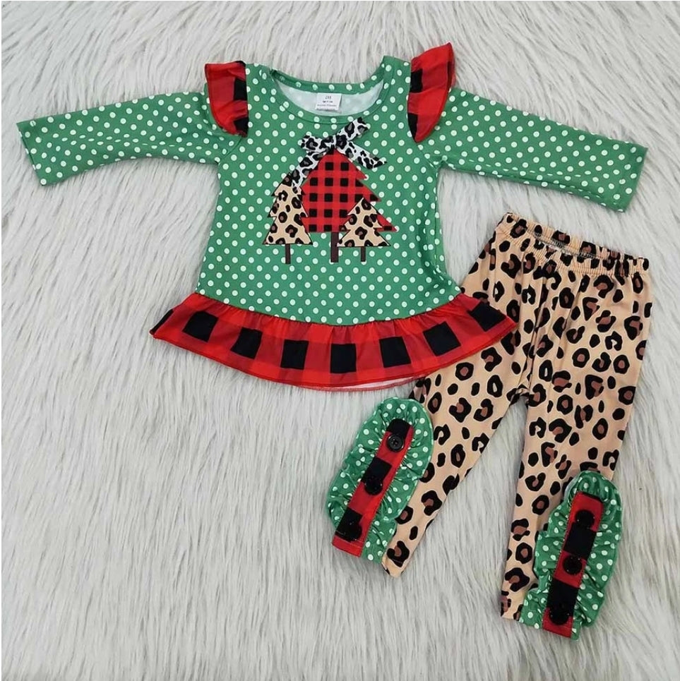 Green Polka Dot Christmas Girls Outfit Set