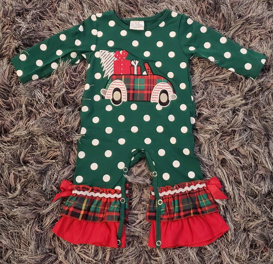 Green Polka Dot Christmas Truck Romper - AVA Boutique