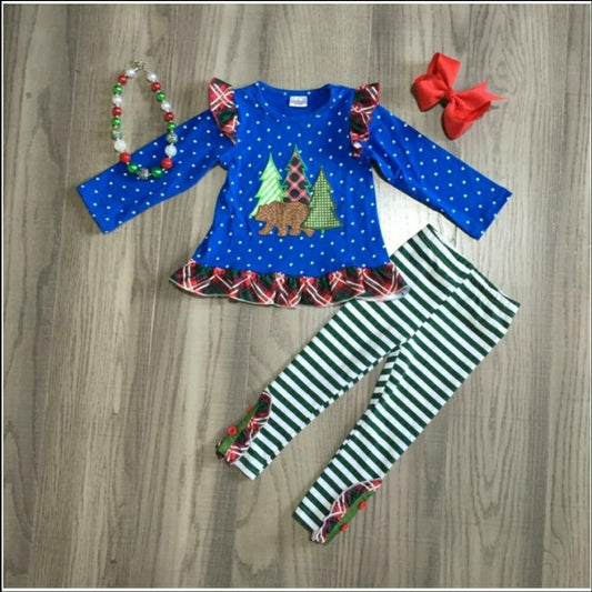 Blue Polka Dot Christmas Tree & Bear Outfit Set - AVA Boutique