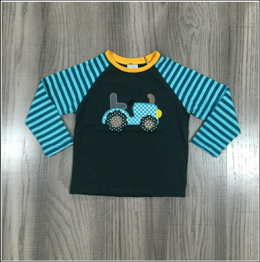 Blue Stripe Tractor Boys Tshirt - AVA Boutique