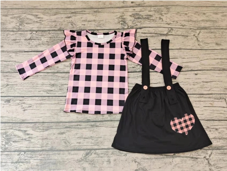 Pink Plaid Suspender Skirt Outfit Set