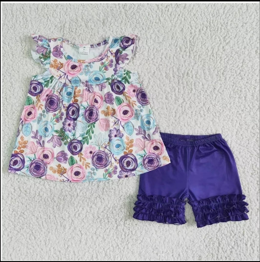 Purple Flower Girls Shorts Set