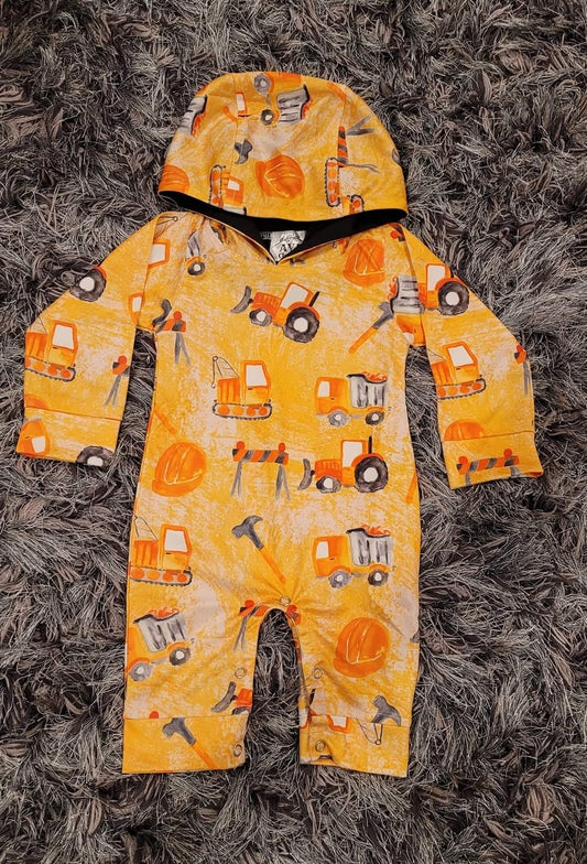 Yellow Construction Trucks Hoodie Romper